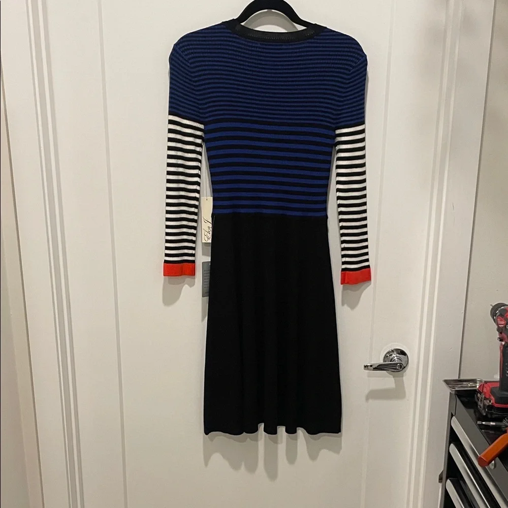 Eliza J Blue and Black Striped Long Sleeve Dress - Picture 2 of 9